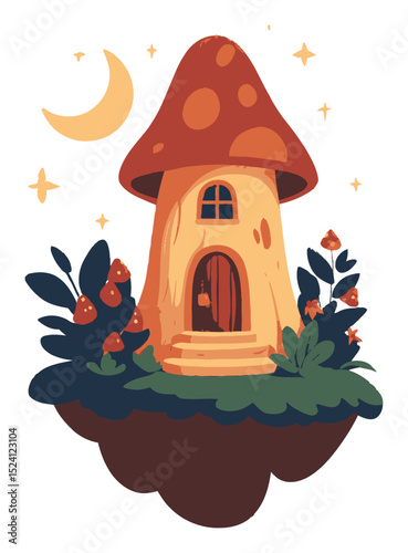 Whimsical Mushroom House Surrounded by Plants and Stars at Night