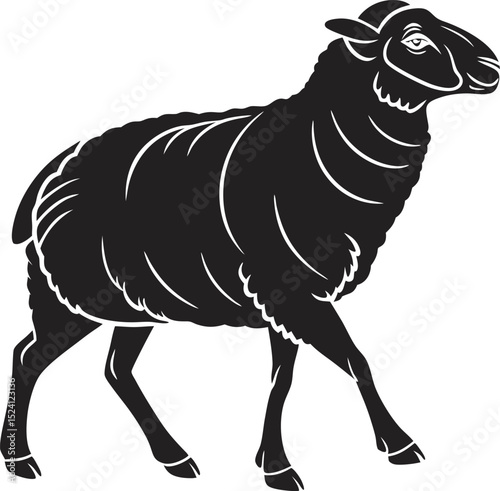 Artistic Vector Silhouette of a Sheep with Detailed Wool and Features on White Background
