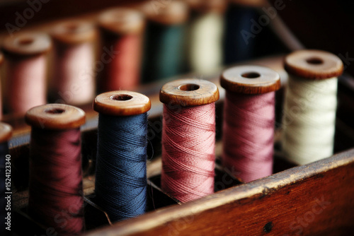 Vintage sewing kit with colorful spools of thread for crafting