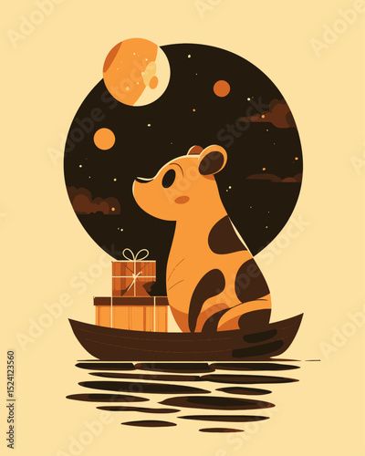 Cute Cartoon Tiger on a Boat Under a Starry Sky with Moon and Gifts