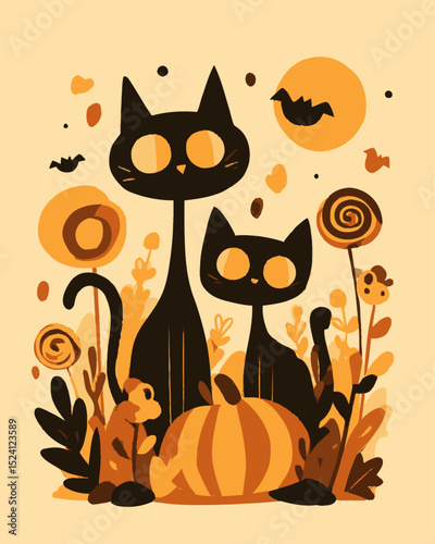 Whimsical Halloween Cats Surrounded by Pumpkins and Autumn Leaves Illustration