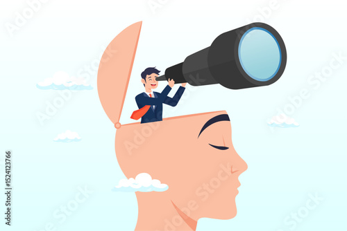 Smart businessman with binoculars open his head above cloud storm for clear vision, clear business vision to see future opportunity, challenge to overcome difficulty to see real visionary concept