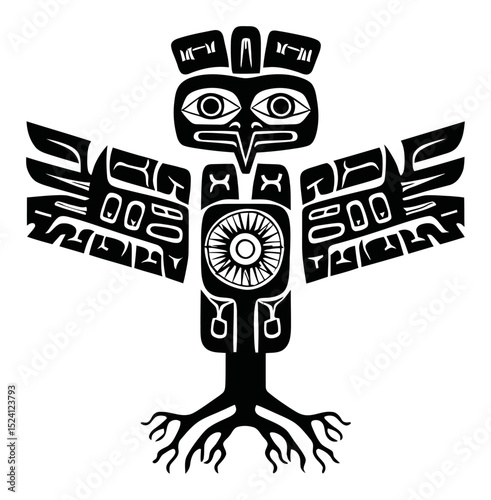 Intricate Black and White Engraving of a Native Bird Symbolizing Strength