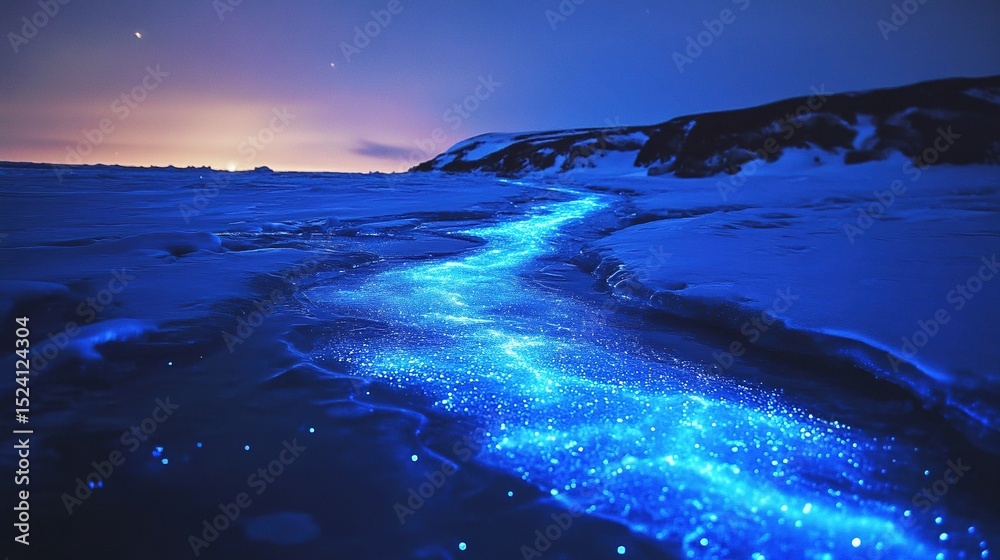 Naklejka premium Arctic Tundra with Bioluminescent Algae Rivers and Ice Cracks Emitting Blue Light