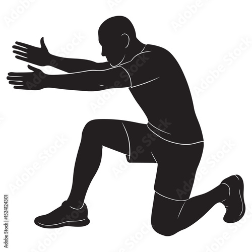 Silhouette of a man stretching before a run with one leg bent and arms reaching