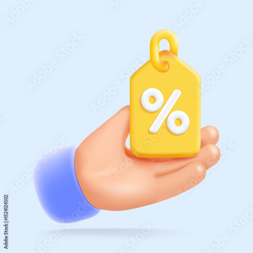 3D illustration of a hand holding a yellow percent discount tag, representing sales promotion and price offers. Vector