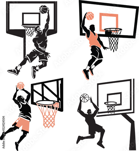 Bundle of multiple basketball player silhouettes performing slam dunks. Each vector shows a unique pose and action, making this set perfect for collections, merch, and sports-themed design projects.