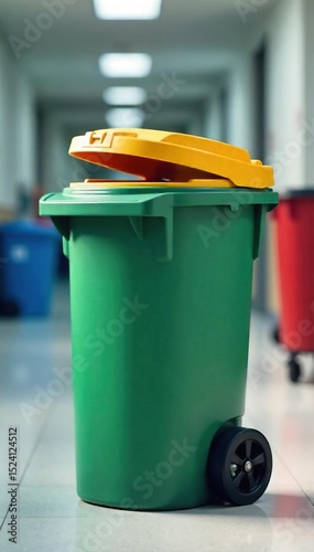 A brightly colored, sturdy safety garbage can with a lid securely closed, sitting on a clean surface, ready for waste disposal Ideal for schools, hospitals, and public spaces , disposal, space