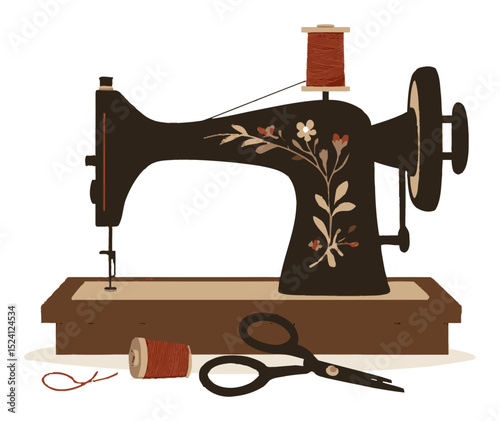 Vintage Sewing Machine with Thread and Scissors on Rustic Table