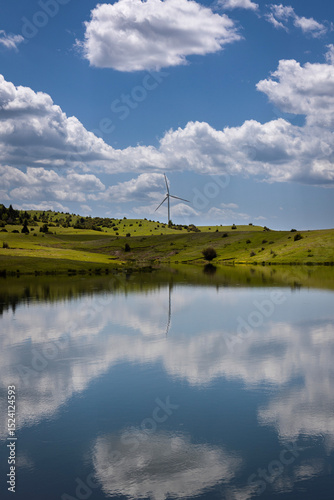 Wind renewable energy. Windmills in the highlands. Production of electric energy