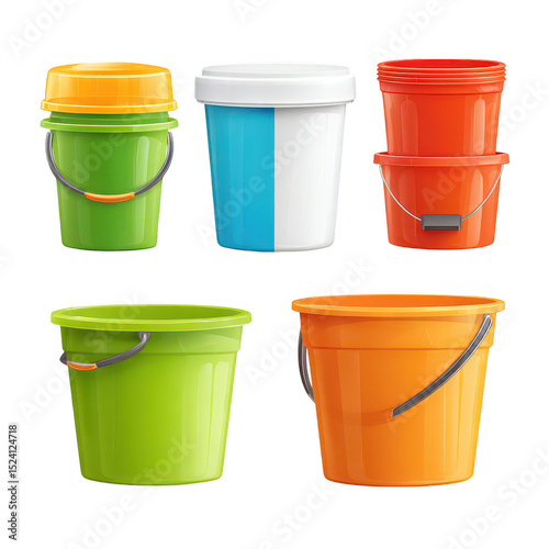 Colorful Plastic Buckets for Various Uses in Green, Orange, White, and Blue Ideal for Storage, Cleaning, Gardening, and DIY Projects