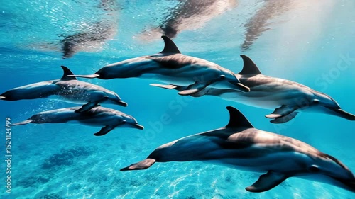 A group of dolphins swimming in the ocean. The water is blue and the dolphins are in the middle of the ocean