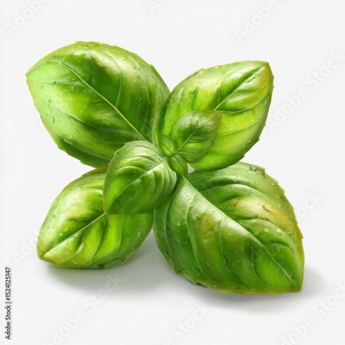 Fresh Green Basil Leaves with Water Droplets on White Background, Perfect for Culinary and Herbal Themes in Stock Photography