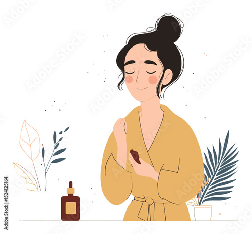 Woman Applying Cosmetic Product in Bathrobe Surrounded by Plants Illustration