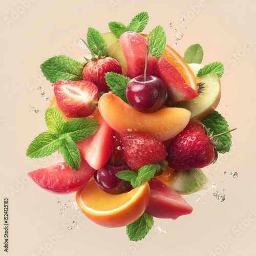 Fresh and Vibrant Fruit Medley Featuring Juicy Strawberries, Cherries, Kiwi, Melon and Refreshing Mint Leaves on Beige Background