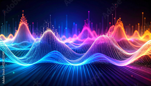Dynamic Sound Wave Visualization: A vibrant, luminous visualization of sound waves undulates across a dark background, using a spectrum of colorful.