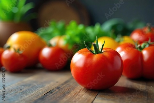 A vibrant red tomato sits on a kitchen counter amongst other fresh produce, embodying the heart of home-cooked meals and healthy living , nutrition, counter