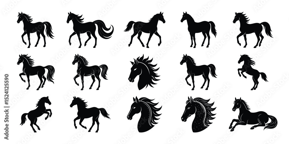 Fototapeta premium Set of Black and White Horse Silhouettes