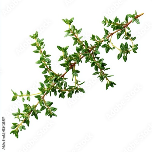 Fresh Thyme Herb Sprig with Green Leaves on White Background for Culinary and Decorative Use in Cooking and Food Preparation