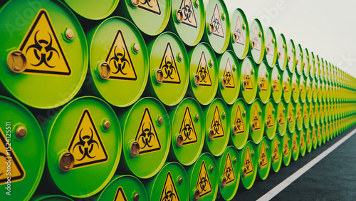 Stacked Green Barrels with Biohazard Signs Warning of Hazardous Waste