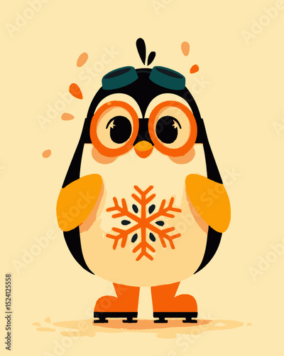 Cute Cartoon Penguin Character with Snowflake on Ice Skates Illustration