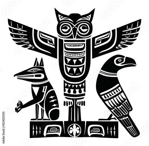 Abstract Illustration of Animals in Engraved Style Featuring Owl and Birds