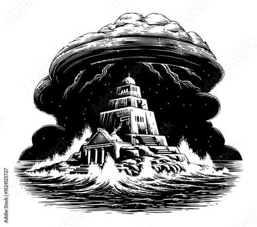 Dramatic Engraving of a Lighthouse Amidst Thunderous Waves and Storm Clouds