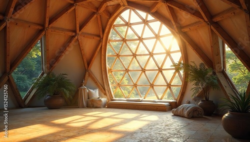 Serene geodesic dome bathed in sunlight, offering a sanctuary for meditation and spiritual reflection The natural light creates a peaceful atmosphere within the sacred space , glass, healing, balance