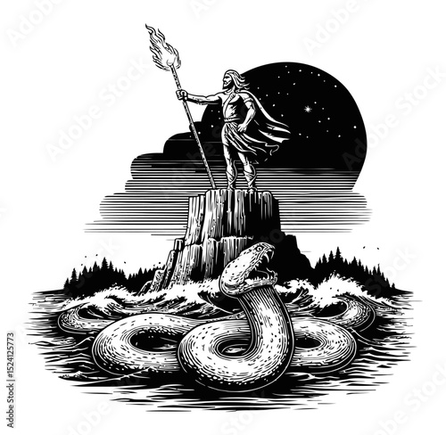 Heroic Warrior Standing Tall with Torch Overcoming Serpent in Black Art