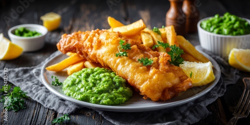 Classic british fish and chips dish accompanied by mushy peas, lemon, and parsley on a white plate against a dark wooden background