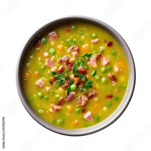 Thick and Hearty Split Pea Soup with Vibrant Green Peas and Ham in a Bowl Surrounded by Fresh Ingredients