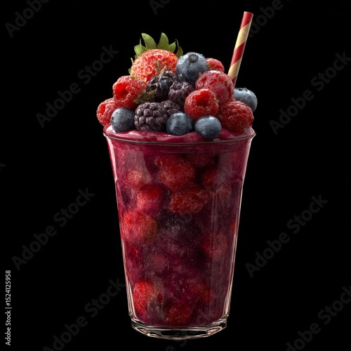 Refreshing Berry Smoothie in Glass with Straw, Overloaded with Assorted Berries, Perfect for Summer and Healthy Lifestyle