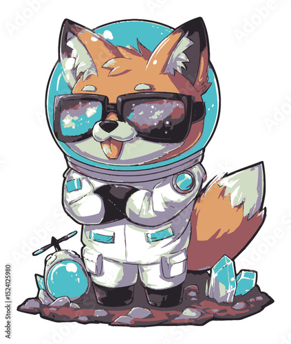 Cute Cartoon Fox in Astronaut Suit with Galaxy Background and Crystals
