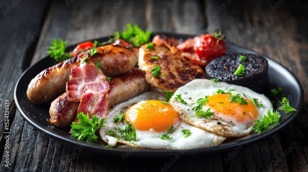 Delicious full english breakfast with fried eggs, sausages, bacon, black pudding and parsley served on a plate on a dark wooden background Delicious full english breakfast with fried eggs, sausages, bacon, black pudding and parsley served on a plate on a dark wooden background