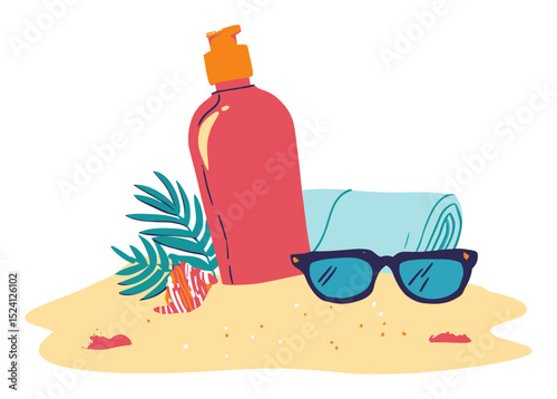 Summer Vector Illustration of Beach Items with Sunscreen and Towel