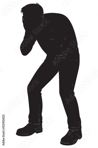Silhouette of a man pressing palms to face, overwhelmed with rage, angry man silhouette