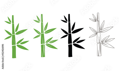 Bamboo icons set. Bamboo branch with green leafs. Tropical nature plant flat and line style. Decoration design element design vector template