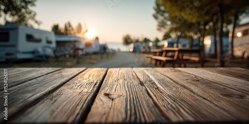 Fototapeta Naklejka Na Ścianę i Meble -  Empty tabletop with blurred campers enjoying summer vacation at rv park during sunset, perfect background for product placement