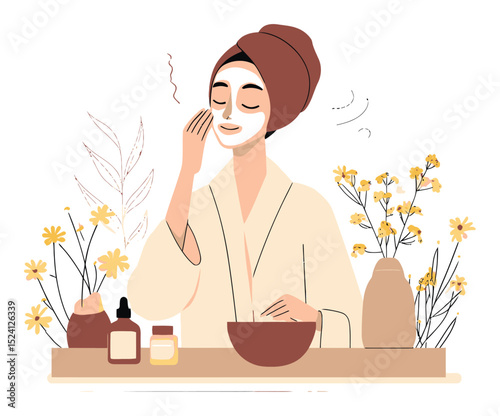 Woman Applying Facial Mask Surrounded by Natural Ingredients and Flowers