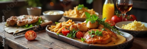 A rustic wooden table laden with a delicious homemade meal, featuring fresh ingredients and heartwarming, home-cooked food , rustic charm, supper, comfort food