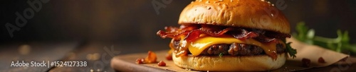 Juicy cheeseburger topped with smoky BBQ sauce, crispy bacon, and caramelized onions on a toasted bun Perfect for a satisfying lunch or dinner , americanfood, patty, deliciousfood