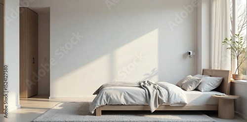 A minimalist bedroom, featuring a discreetly placed security camera on the wall, ensuring safety and peace of mind The room is softly lit, creating a calm and serene atmosphere , privacy, wall, calm
