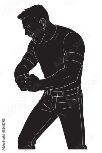 Silhouette of a man pounding his fists together in raw aggression, silhouette of man full of aggression
