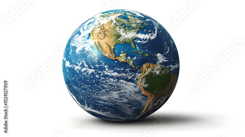 Earth globe showing north and south america with realistic texture and white background