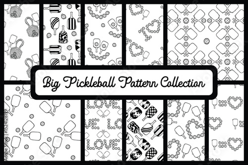 Big set of pickleball seamless vector patterns designed in black and white