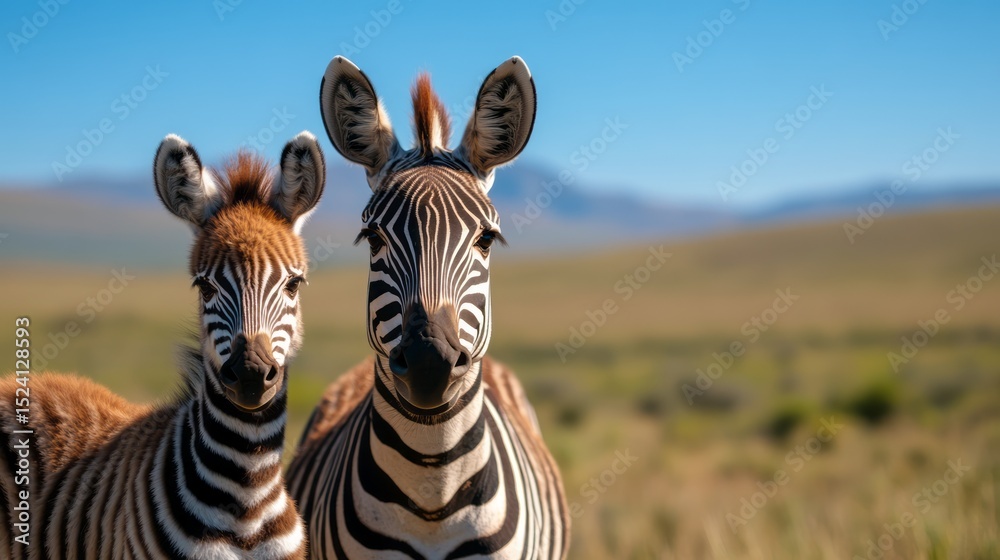 Fototapeta premium Two Adorable Zebras in Scenic Landscape Under Clear Blue Sky in Natural Habitat