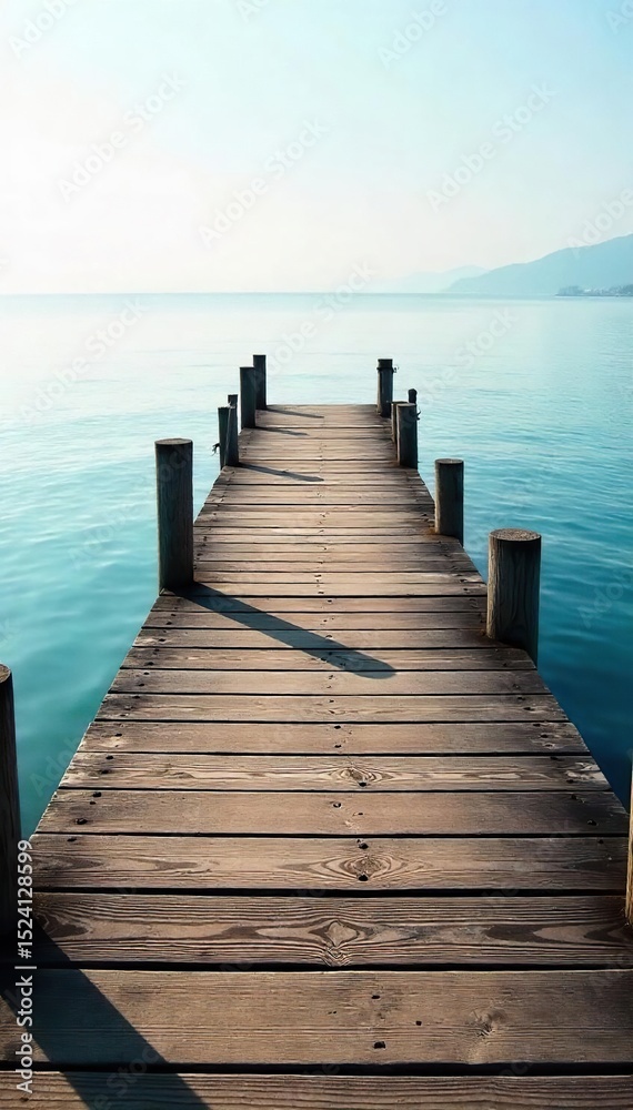 Obraz premium Rustic wooden pier stretches out over calm, blue water towards a hazy horizon, bathed in soft sunlight Perfect for travel, vacation, or coastal themed projects , wood, serene