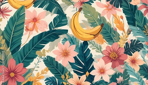 Colorful seamless floral pattern with tropical flowers and leaves, ideal for textile, wallpaper, packaging, and surface design.