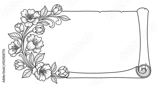 Black and white floral banner with blank parchment scroll. Antique paper rolled up with elegant flower border for wedding invitation or certificate