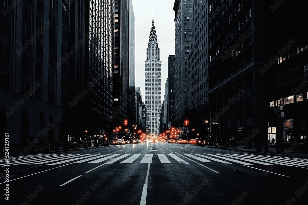 Naklejka premium City streets at night, elegant monochromatic style with rich shades of grey, subtle accents of red and varying red tones highlighting the city lights, cinematic lighting, intricate architecture, groun